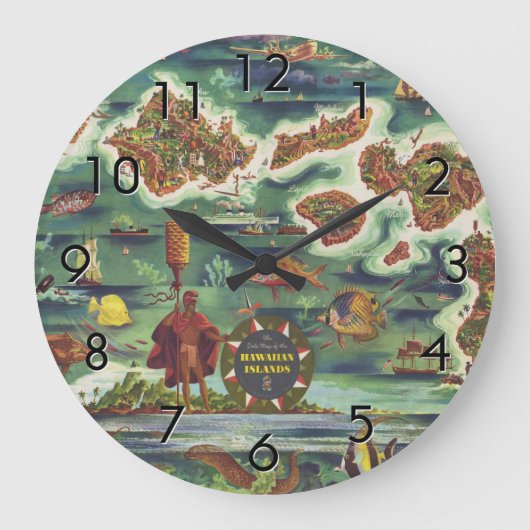 1950 Einfache Karte von Hawaii Joseph Feher Dark Große Wanduhr (Vorderseite)