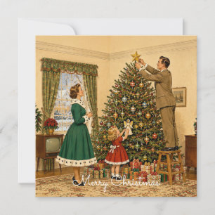 1950 Familie schmückt Weihnachtsbaum Frohe Weihnac Feiertagskarte