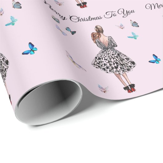 1950 Frau mit Schmetterlingen Weihnachtsgrüße Geschenkpapier (Rolleneckpunkt)