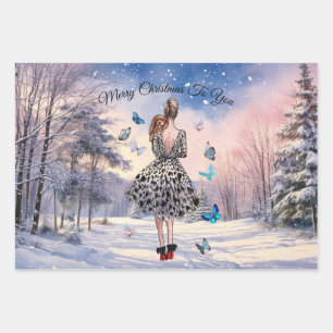 1950 Frau mit Schmetterlingen Weihnachtsgrüße Geschenkpapier Set