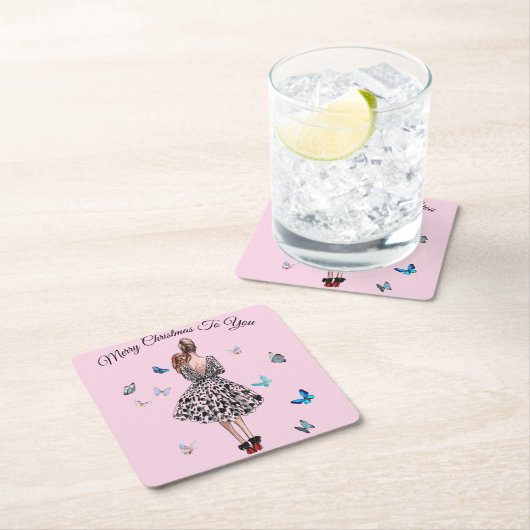 1950 Frau mit Schmetterlingen Weihnachtsgrüße Rechteckiger Pappuntersetzer (Vor Ort)