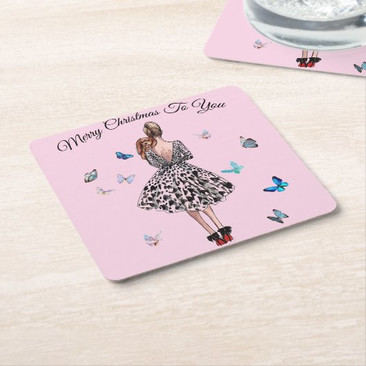 1950 Frau mit Schmetterlingen Weihnachtsgrüße Rechteckiger Pappuntersetzer (angewinkelt)