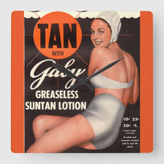 1950 Gaby Suntan Lotion ad Quadratische Wanduhr (Vorderseite)