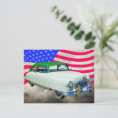 1950 Nash Botschafterwagen und amerikanische Flagg Postkarte (Stehend Vorderseite)