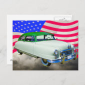 1950 Nash Botschafterwagen und amerikanische Flagg Postkarte (Vorne/Hinten)