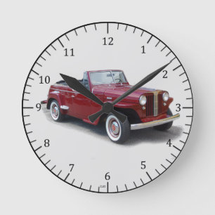 1950 rote Jeepster-Uhr oben an der Wand Runde Wanduhr