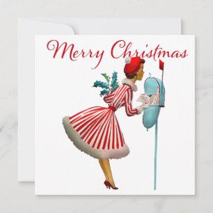 1950 Vintage Dame, die Weihnachtsbriefe prüft Karte