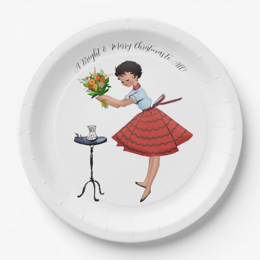 1950 Vintage Dame mit Blume Pappteller (Vorderseite)