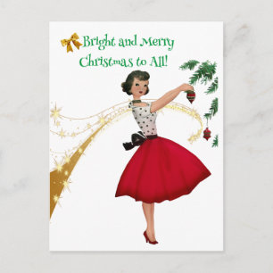 1950 Vintage Dame schmückt Weihnachtsbaum Feiertagspostkarte
