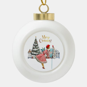 1950 Vintage Dame verschickt Weihnachtsgrüße Keramik Kugel-Ornament