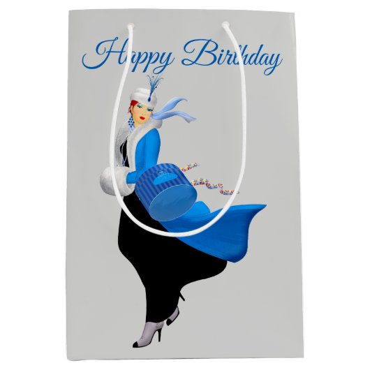 1950 Vintage Frau in Blau Mittlere Geschenktüte (Vorderseite)