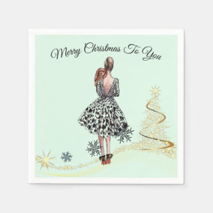 1950 Vintage Frau mit Weihnachtsbaum Serviette