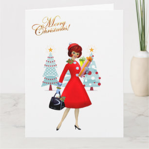 1950 Vintage Lady Frohe Weihnachten Dankeskarte
