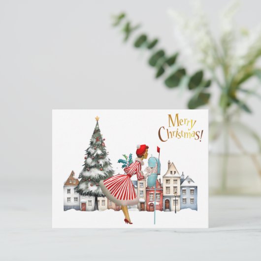 1950 Vintage Lady Posting Weihnachtsgrüße Postkarte (Stehend Vorderseite)