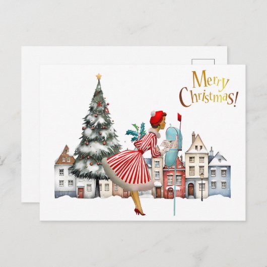 1950 Vintage Lady Posting Weihnachtsgrüße Postkarte (Vorne/Hinten)