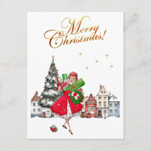 1950 Vintage Lady Weihnachtseinkäufe für Geschenke Feiertagspostkarte