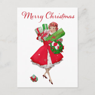 1950 Vintage Lady Weihnachtseinkäufe    Postkarte