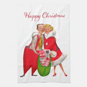 1950 Vintage Paar mit Weihnachtsgeschenksack Geschirrtuch