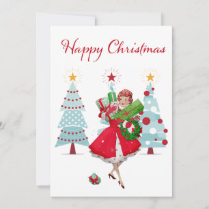 1950 Vintage-Weihnachtsdame mit Geschenken  Feiertagskarte