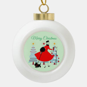 1950 Vintage Weihnachtsdame mit Schottischem Terri Keramik Kugel-Ornament