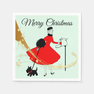 1950 Vintage Weihnachtsdame mit Schottischem Terri Serviette