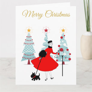1950 Vintage Weihnachtsdame mit Scottish Terrier Dankeskarte
