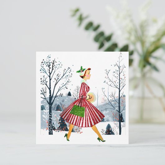 1950 Vintage Weihnachtsfrau Feiertagskarte (Stehend Vorderseite)