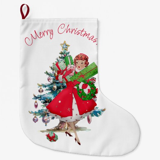 1950 Vintage Weihnachtsfrau Großer Weihnachtsstrumpf (Vorderseite)