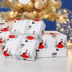 1950 Vintage Weihnachtsfrau mit Schottischem Terri Geschenkpapier