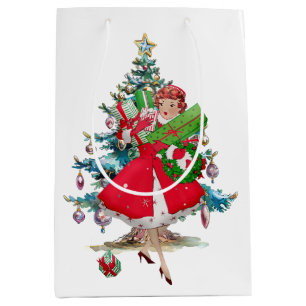 1950 Vintage Weihnachtsfrau Mittlere Geschenktüte