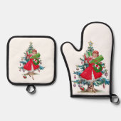 1950 Vintage Weihnachtsfrau Ofenhandschuh & Topflappen-Set (Vorderseite)