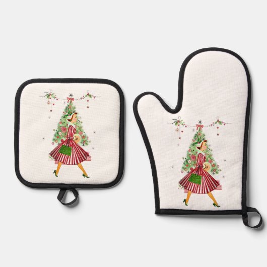 1950 Vintage Weihnachtsfrau Ofenhandschuh & Topflappen-Set (Vorderseite)