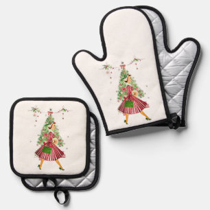 1950 Vintage Weihnachtsfrau Ofenhandschuh & Topflappen-Set