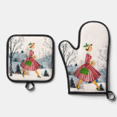 1950 Vintage Weihnachtsfrau Ofenhandschuh & Topflappen-Set (Vorderseite)