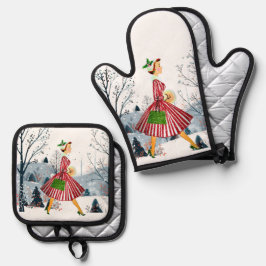 1950 Vintage Weihnachtsfrau Ofenhandschuh & Topflappen-Set