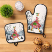 1950 Vintage Weihnachtsfrau Ofenhandschuh & Topflappen-Set (Oben Unten)