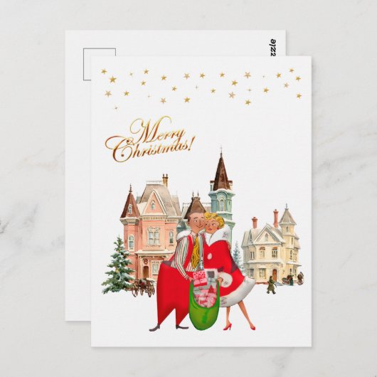 1950 Vintages Paar Frohe Weihnachten Postkarte (Vorne/Hinten)