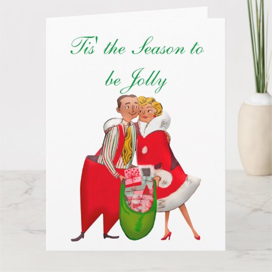 1950 Vintages Paar mit Weihnachtsgeschenksack Karte (Vorderseite)