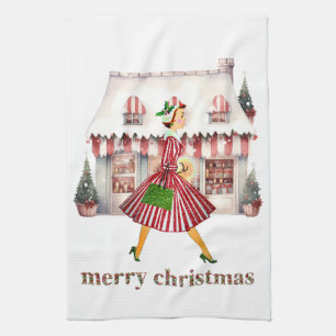 1950 Weihnachten Vintage Lady Shopping Geschirrtuch