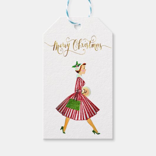 1950 Weihnachtsfrau Frohe Weihnachten Geschenkanhänger (Vorderseite)