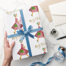 1950 Weihnachtsfrau Frohe Weihnachten Geschenkpapier