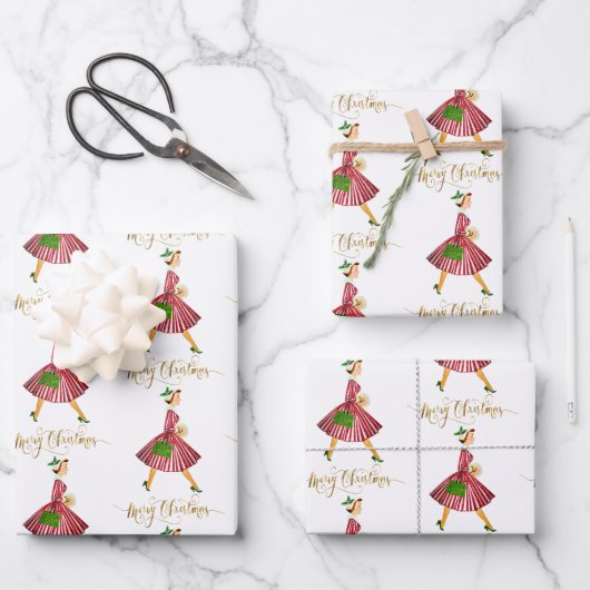 1950 Weihnachtsfrau Frohe Weihnachten Geschenkpapier Set (Vorderseite)