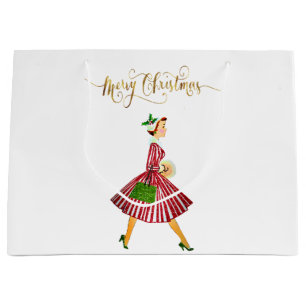 1950 Weihnachtsfrau Frohe Weihnachten Große Geschenktüte