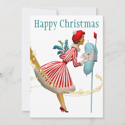 1950 Weihnachtsfrau mit Geschenken Feiertagskarte (Vorderseite)