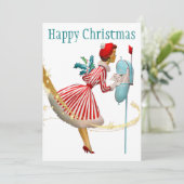 1950 Weihnachtsfrau mit Geschenken Feiertagskarte (Stehend Vorderseite)