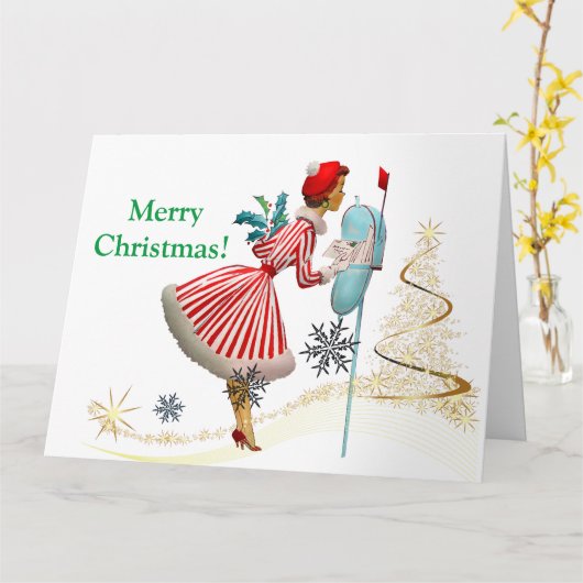 1950 Weihnachtsfrau mit Geschenken Karte (Gelbe Blume)