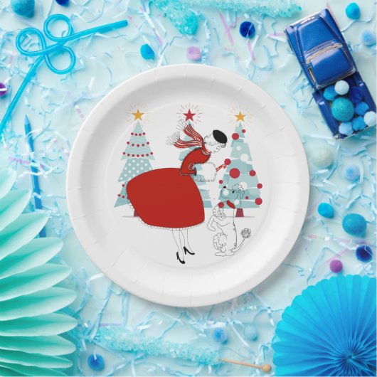 1950 Weihnachtsfrau mit Hund Pappteller (Party)