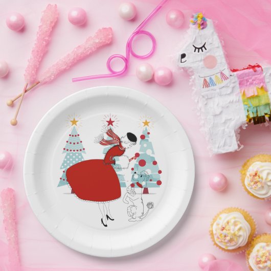 1950 Weihnachtsfrau mit Hund Pappteller (Party)