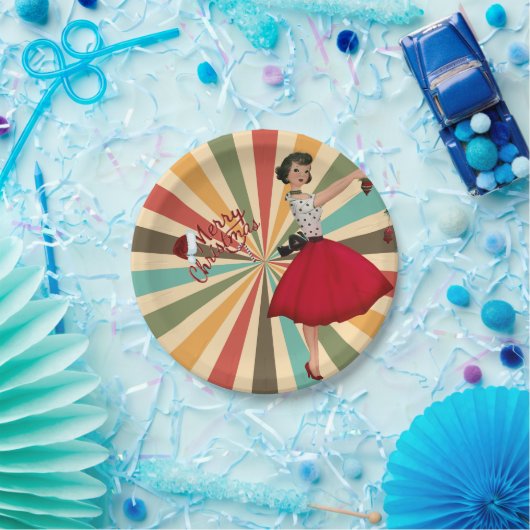 1950 Weihnachtsfrau mit Retro-Hintergrund Pappteller (Party)