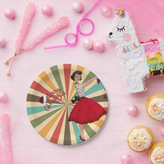 1950 Weihnachtsfrau mit Retro-Hintergrund Pappteller (Party)